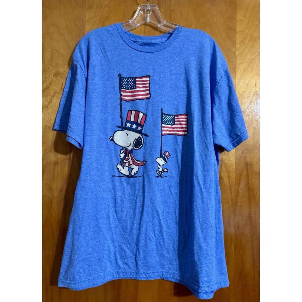 Peanuts Hybrid Snoopy Woodstock USA Flag Graphic Print Blue Crew Neck Tee SizeXL